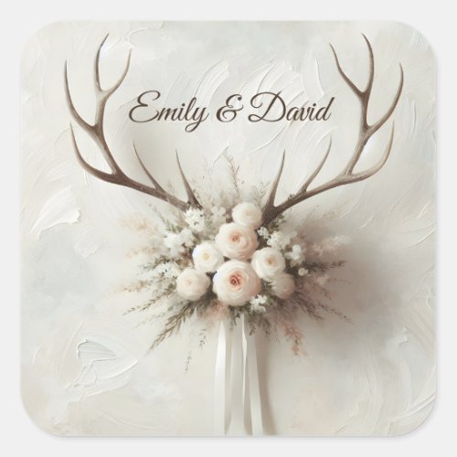 Wedding Bouquet and Deer Antlers Square Sticker