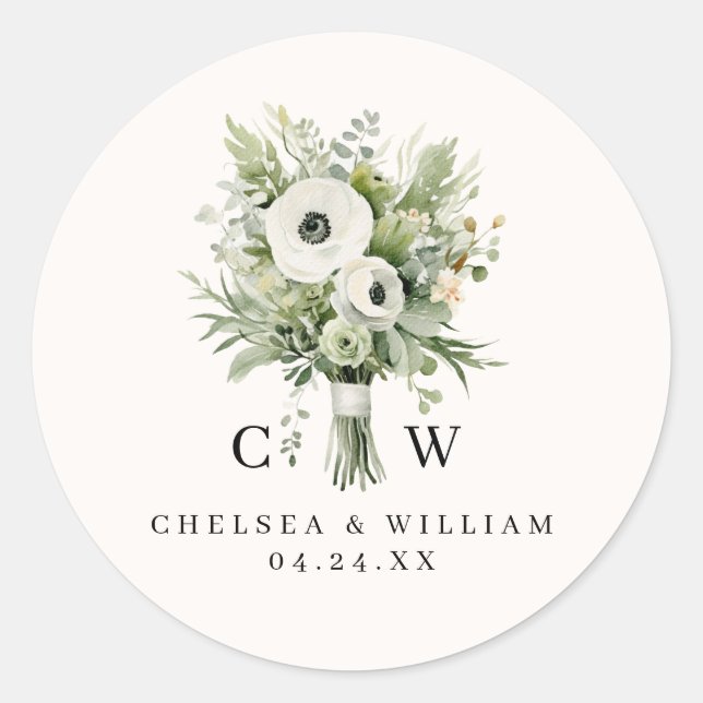 Wedding Bouquet Monogram Classic Round Sticker (Front)