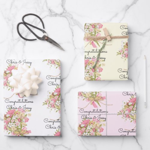 Wedding Bouquet of Flowers Add Names 3 Gift Wrapping Paper Sheets