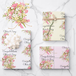 Wedding Bouquet of Flowers Add Names 3 Gift Wrapping Paper Sheets