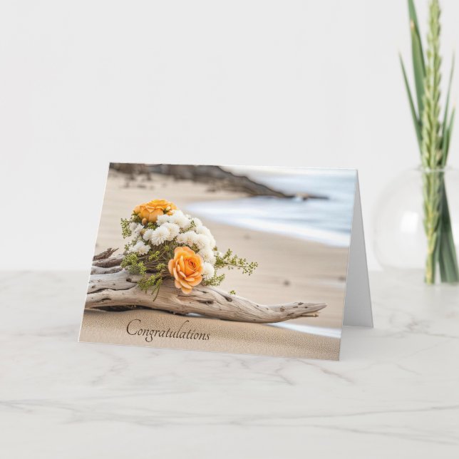 Wedding Bouquet On Beach Driftwood Card (Front)