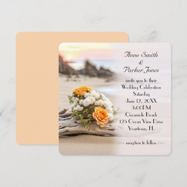 Wedding Bouquet On Beach Driftwood Invitation (Front/Back)