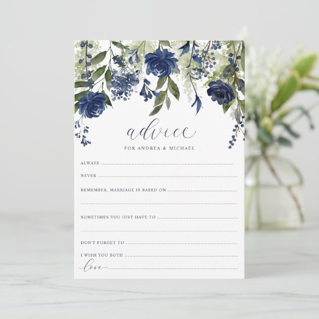 Wedding Bridal Advice Cards Navy Blue Wildflower (Standing Front)