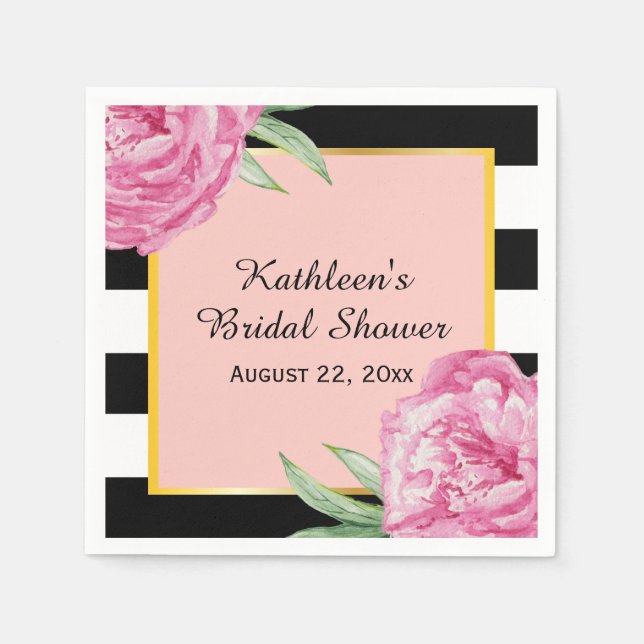 Wedding Bridal Floral Glam Black Stripes Paper Napkins (Front)