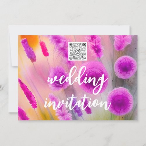 Wedding Bridal Purple Meadow Flowers Gold QR CODE Invitation
