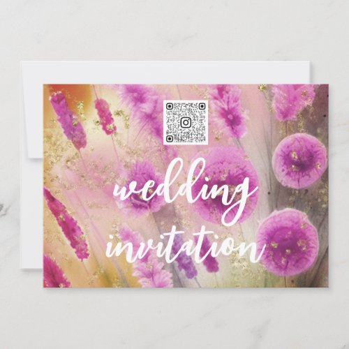 Wedding Bridal Purple Meadow Flowers Gold QR CODE Invitation