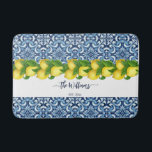 Wedding  Bridal Shower Anniversary Gift custom Bath Mat<br><div class="desc">Wedding gift,  Bridal Shower gift,  Anniversary Gift custom personalized name bath mat. Mediterranean Amalfi coast blue tiles pattern and yellow lemons with a name</div>