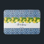Wedding  Bridal Shower Anniversary Gift custom Bath Mat<br><div class="desc">Wedding gift,  Bridal Shower gift,  Anniversary Gift custom personalized name bath mat. Mediterranean Amalfi coast blue tiles pattern and yellow lemons with a name</div>