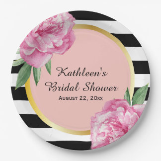 Wedding Shower Plates Zazzle Wedding Bridal Shower Black Stripes Fl Glam Paper Plate