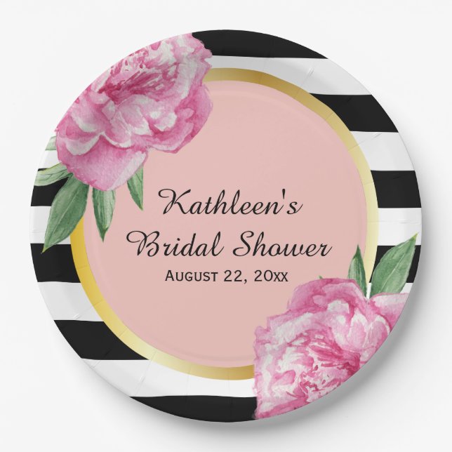 Wedding Bridal Shower Black Stripes Floral Glam Paper Plates (Front)