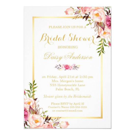 Wedding Bridal Shower Chic Floral Golden Frame Card