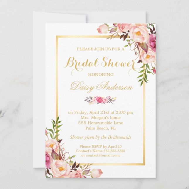 Wedding Bridal Shower Chic Floral Golden Frame Invitation (Front)