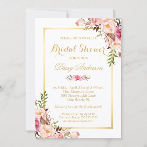 Wedding Bridal Shower Chic Floral Golden Frame 5x7 Paper Invitation Card