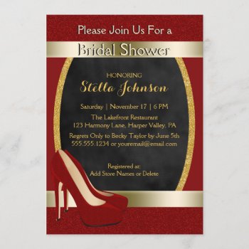 Wedding Bridal Shower | Chic Gold Red High Heels Invitation by angela65 at Zazzle