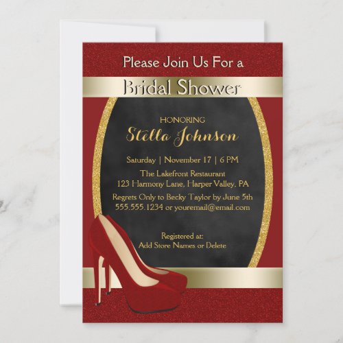 Wedding Bridal Shower  Chic Gold Red High Heels Invitation