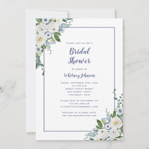 Wedding Bridal Shower Elegant Floral Blue White Invitation