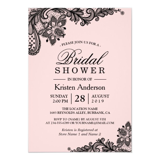 Wedding Bridal Shower | Elegant Pink Black Lace Invitation