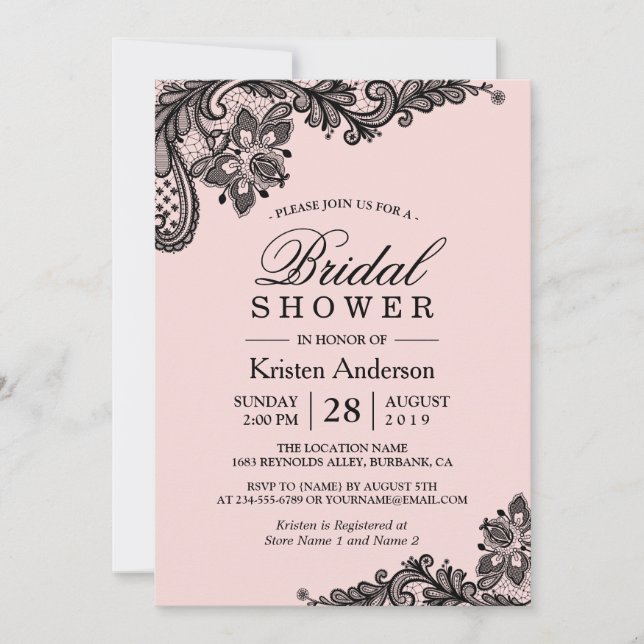 Wedding Bridal Shower | Elegant Pink Black Lace Invitation (Front)