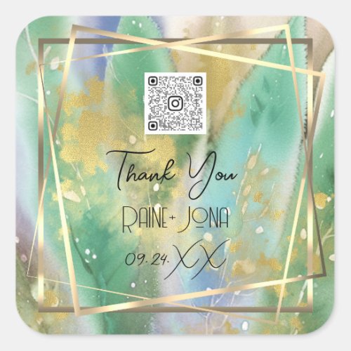 Wedding Bridal Shower Favor Flowers Gold Green Square Sticker