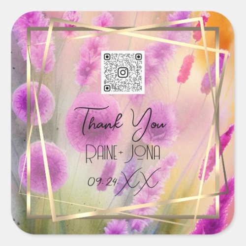 Wedding Bridal Shower Favor Watercolor Meadow Pink Square Sticker