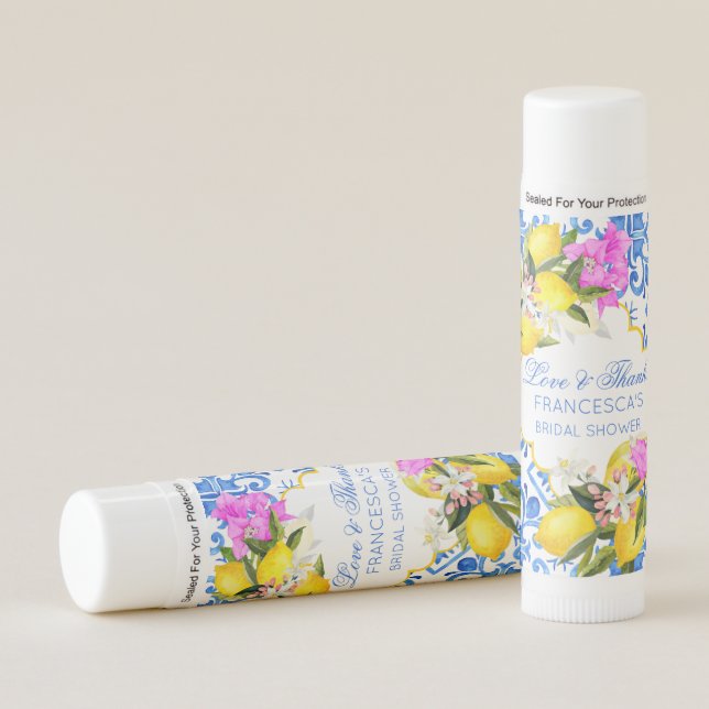 Wedding bridal shower favors blue tiles lemons lip balm (Front)