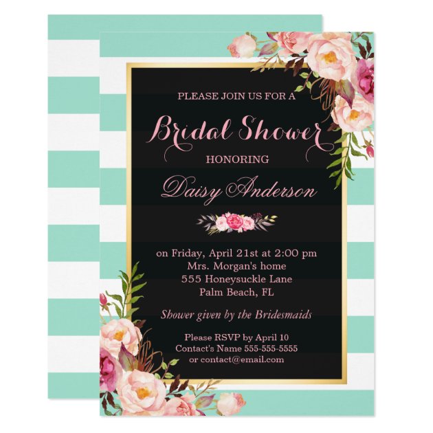 Wedding Bridal Shower Floral Mint Green Stripes Invitation