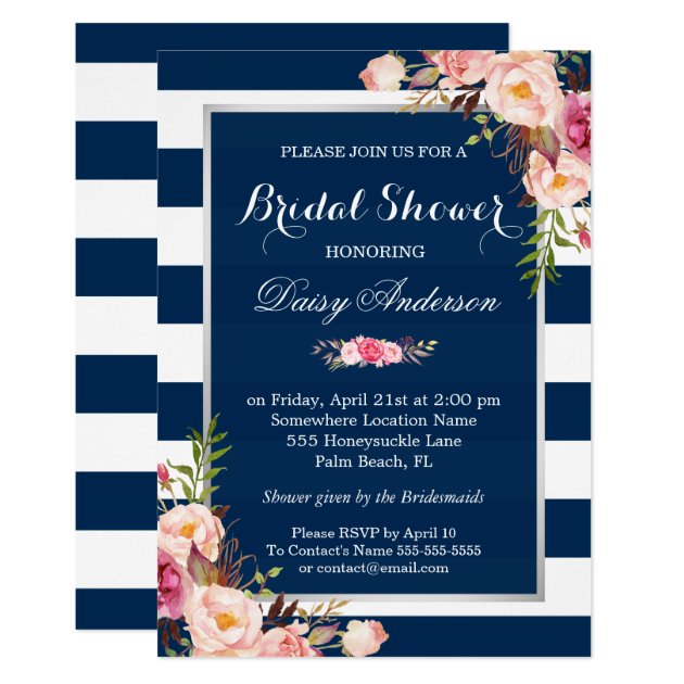 Wedding Bridal Shower Floral Silver Navy Stripes Invitation