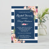 Wedding Bridal Shower Floral Silver Navy Stripes Invitation (Standing Front)