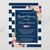 Wedding Bridal Shower Floral Silver Navy Stripes Invitation (Front/Back)