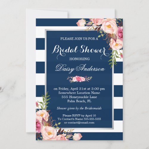 Wedding Bridal Shower Floral Silver Navy Stripes Card