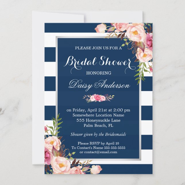 Wedding Bridal Shower Floral Silver Navy Stripes Invitation (Front)