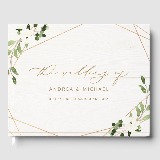 Wedding Bridal Shower Geometric Greenery Gold Guest Book (Front)