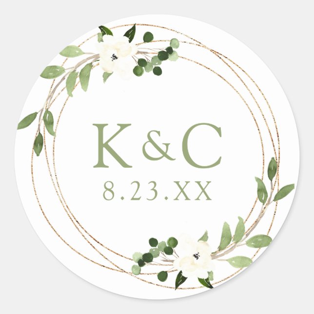 Wedding Bridal Shower Geometric Greenery Wreath Classic Round Sticker (Front)