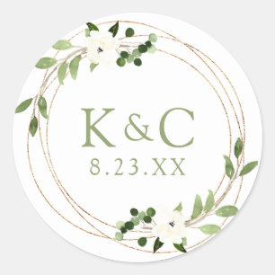 Wedding Bridal Shower Geometric Greenery Wreath Classic Round Sticker