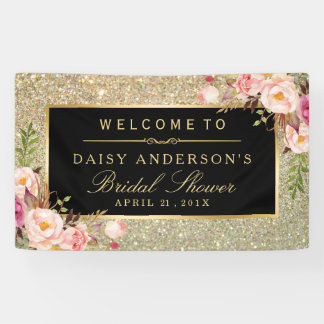 Wedding Bridal Shower Gold Glitter Sparkles Floral Banner