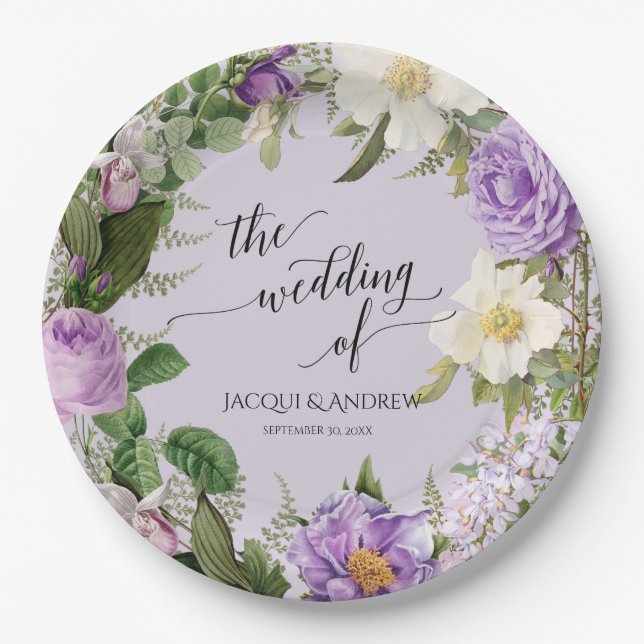 Wedding Bridal Shower Ivory Lavender Roses Wreath Paper Plates (Front)