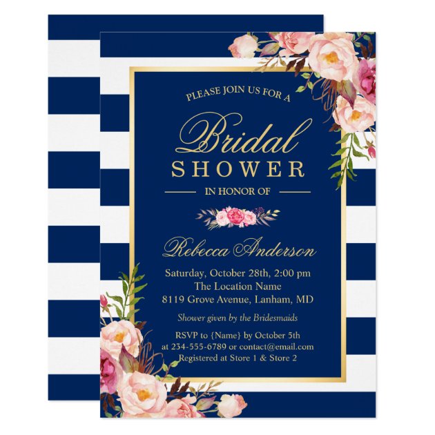 Wedding Bridal Shower | Navy Blue Stripes Floral Invitation