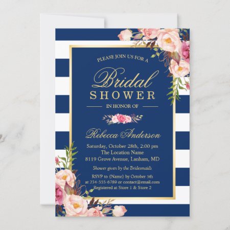 Wedding Bridal Shower | Navy Blue Stripes Floral Invitation