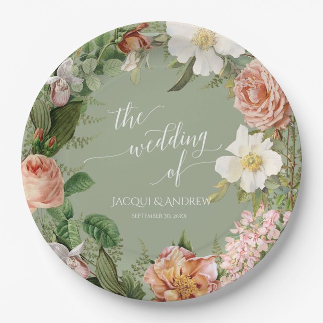Wedding Bridal Shower Sage Blush Fern Rose Wreath Paper Plates (Front)