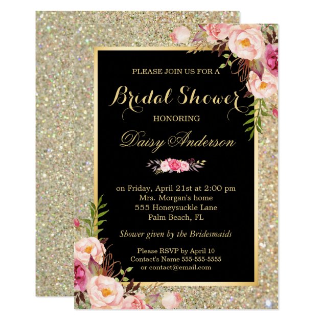 Wedding Bridal Shower Shiny Gold Sparkles Floral Invitation