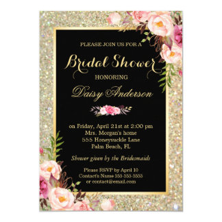Wedding Bridal Shower Shiny Gold Sparkles Floral Card