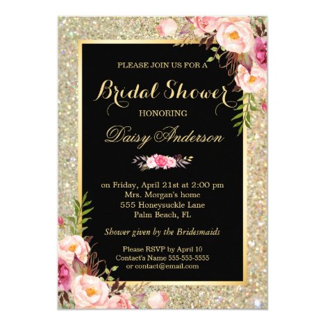 Wedding Bridal Shower Shiny Gold Sparkles Floral Card