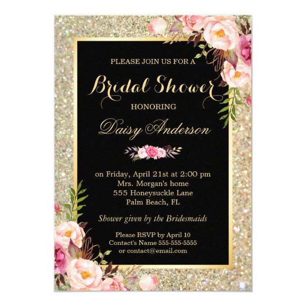 Wedding Bridal Shower Shiny Gold Sparkles Floral Invitation