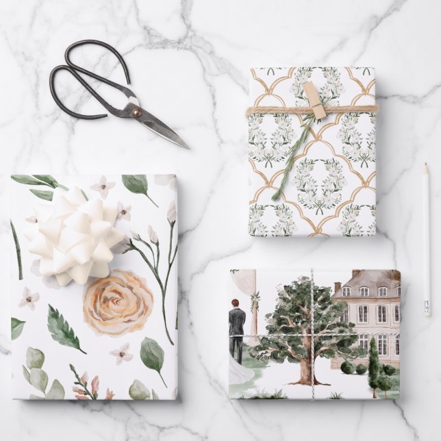 Wedding Bridal Shower Watercolor Wrapping Paper Sheets (Front)