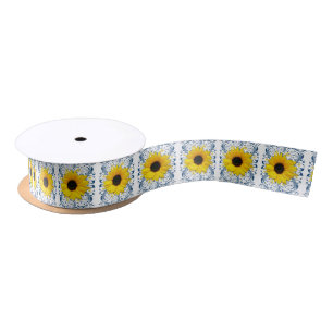 Wedding Bridal Shower Yellow Navy Sunflower Flower Satin Ribbon