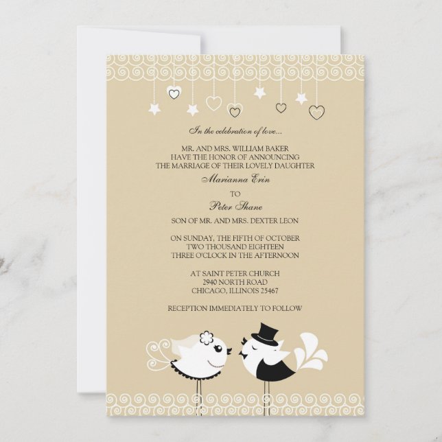 Wedding Bride and Groom Birds Flat Invitation (Front)