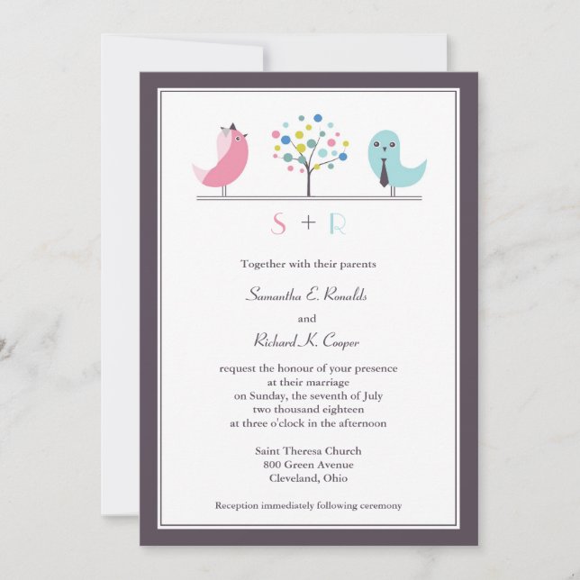 Wedding Bride and Groom Birds Flat Invitation (Front)