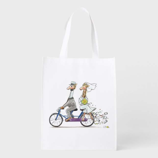 wedding bride and groom giraffes grocery bag (Back)