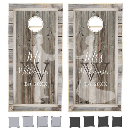 Wedding Bride and Groom Gray Rustic Wood Square Cornhole Set