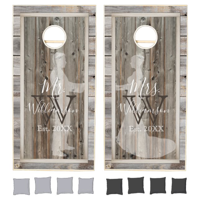 Wedding Bride and Groom Gray Rustic Wood Square Cornhole Set (Set)